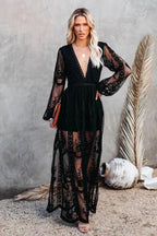 Lace Embroidered Long Sleeve Deep V-Neck Mesh High Split Maxi Dress