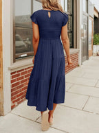 Smocked Bodice Flutter Sleeve Tiered A-Line Midi Dress
