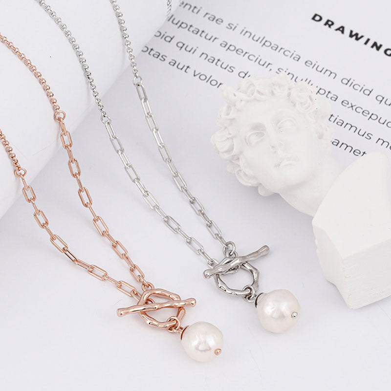Baroque Pearl Toggle Pendant Cable Link Necklace