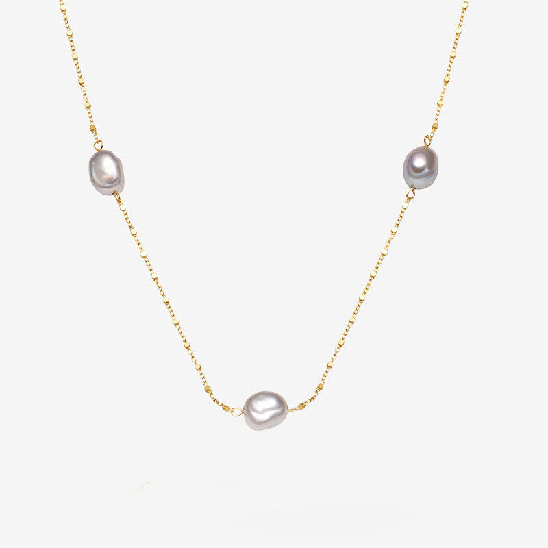 Baroque Pearl Silver Satellite Chain Bolo Slider Necklace