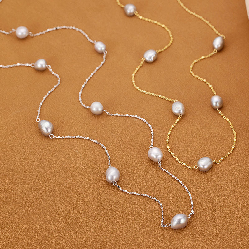 Baroque Pearl Silver Satellite Chain Bolo Slider Necklace