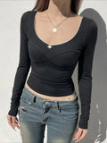 Basic Lace Trim Slim Square Collar Long Sleeve Knit Top