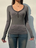 Basic Patchwork Slim Deep V-Neck Long Sleeve Knit Top