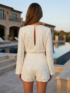 Sequin Textured V Neck Tie Waist Flare Sleeve Party Jumpsuits For Women 2026