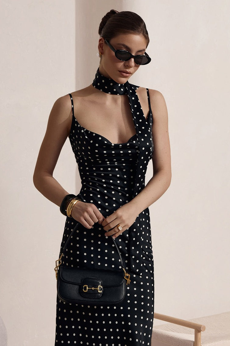 Polka Dot Cowl Neck Spaghetti Strap Slip Maxi Dress