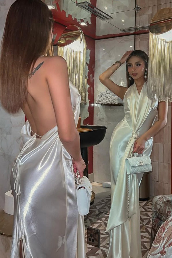 Elegant Draped Neck Backless Slit Long Prom Dress