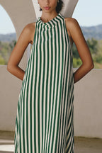 Striped Print Loose Sleeveless Pocket Casual Vacation Maxi Dress