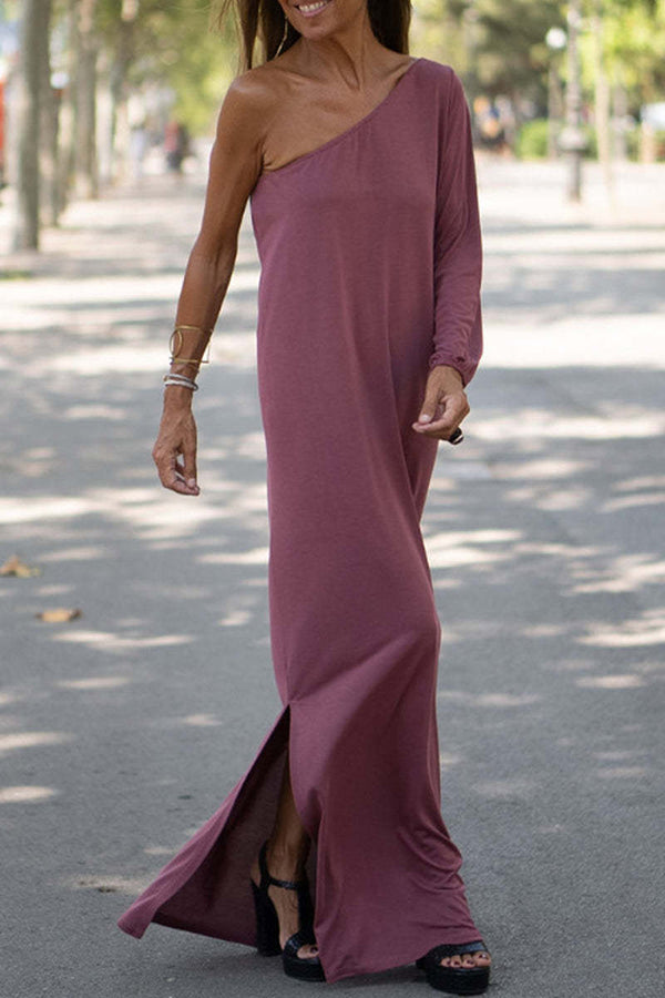 One Shoulder Long Bishop Sleeve Side Slit Flowy Maxi Dress