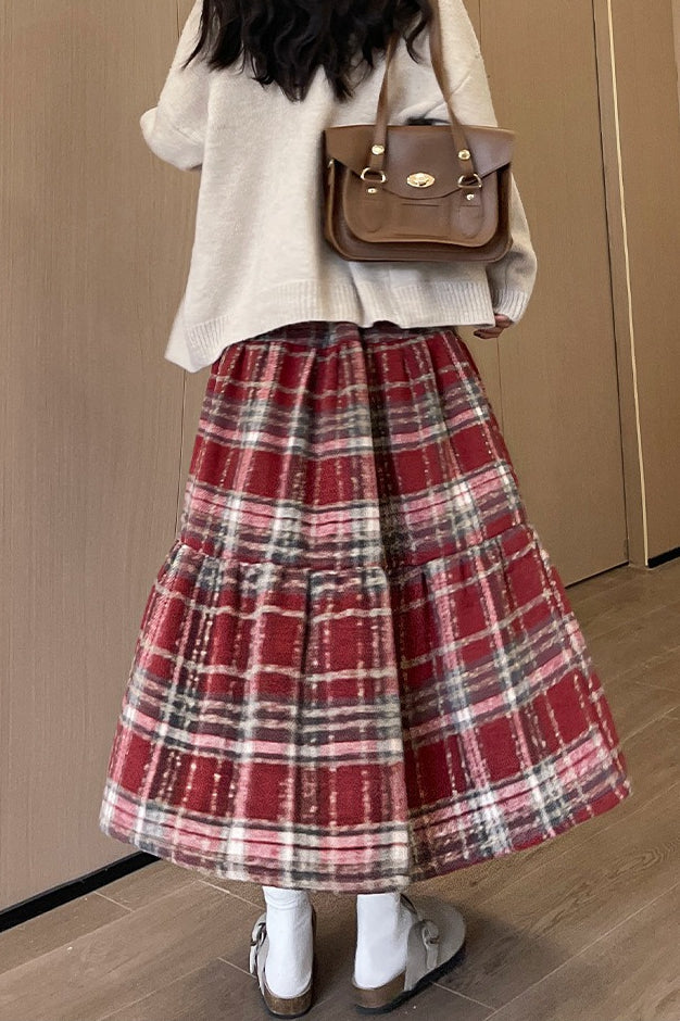 Wool Blend Tiered Plaid Skirt