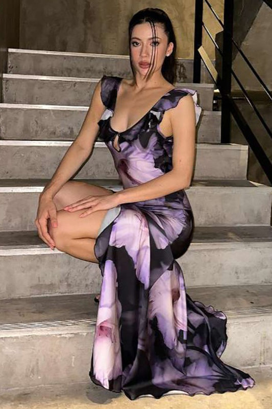 Purple Wide Strap Scoop Neck Keyhole Ruffle Strap High Slit Maxi Dress