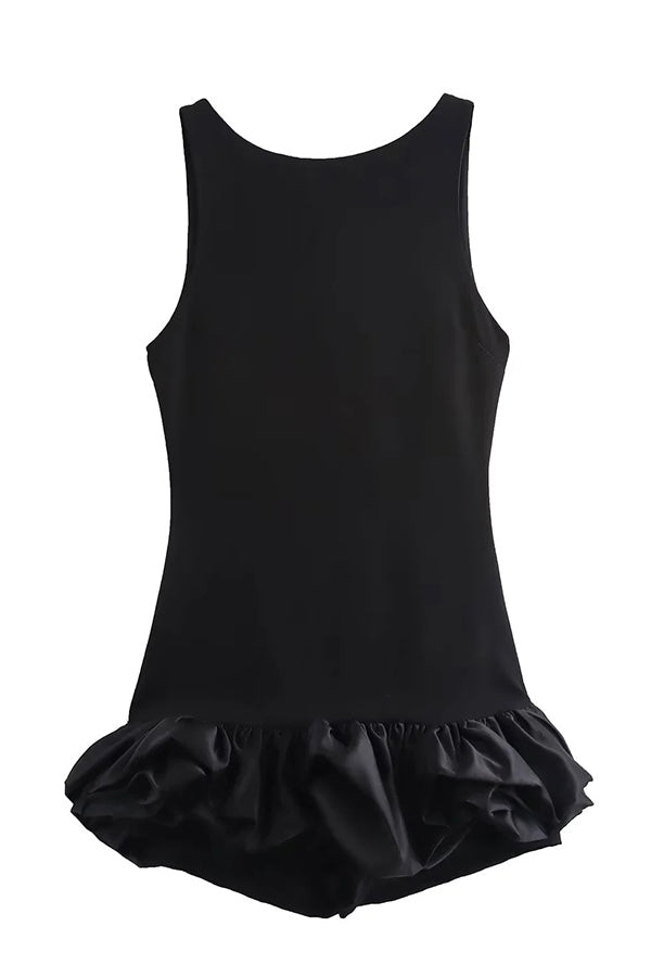 High Neck Sleeveless Sculpted Ruffle Bubble Hem Mini Dress