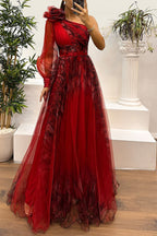 One Shoulder Floral Print Rosette Puff Sleeve Pleated Side Slit Maxi Dress