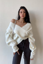 Solid V-Neck Crisscross Cold Shoulder Asymmetric Sweater