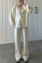 Solid Color V-neck Tie Long-sleeved Loose Knit Cardigan and Elastic Waist Casual Straight Leg Pants Set