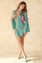 Sequin Deep V-Neck Ring Keyhole Bell Sleeve Mini Dress