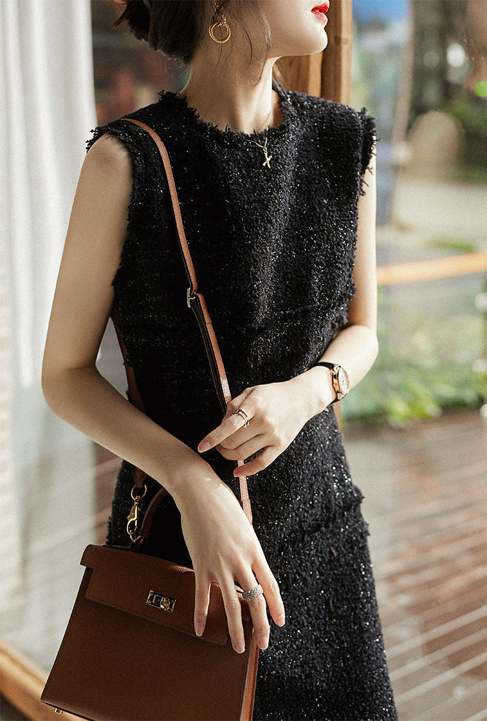 Sequin Tweed Boucle Frayed Edge Crew Neck Sleeveless Shift Mini Dress