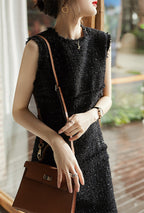 Sequin Tweed Boucle Frayed Edge Crew Neck Sleeveless Shift Mini Dress