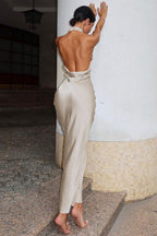 Satin Halter Neck Backless Ruched Bodycon Maxi Gown