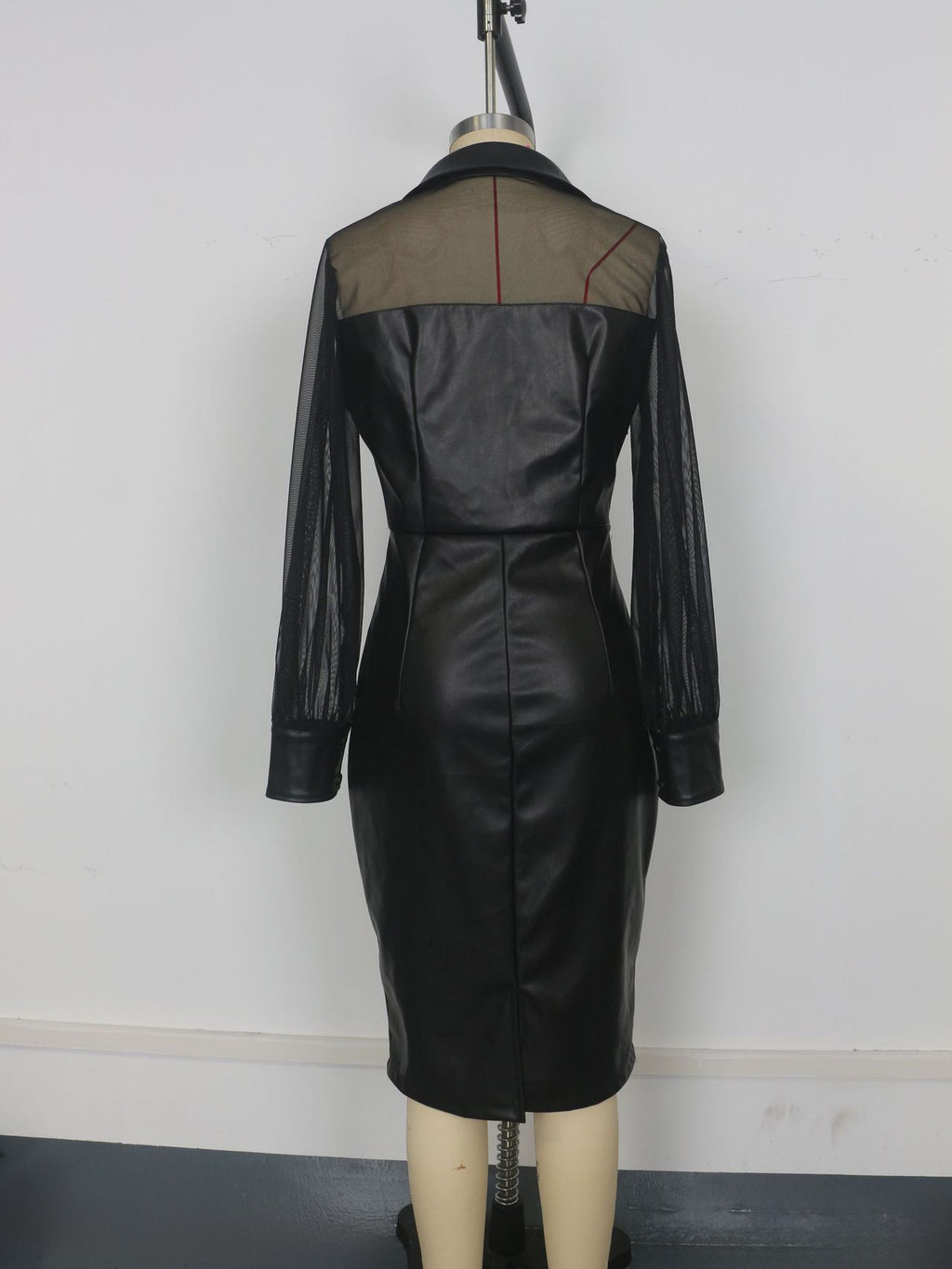 Mesh Patchwork V-Neck Faux Leather Slim Fit Puff Sleeve Midi Dress In Black For Women 2026