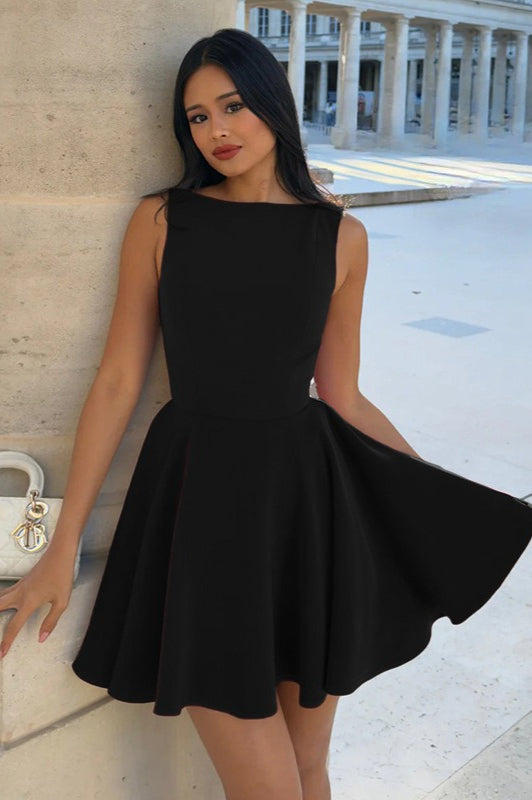 Boat Neck Sleeveless Pleated Fit and Flare Skater Mini Dress