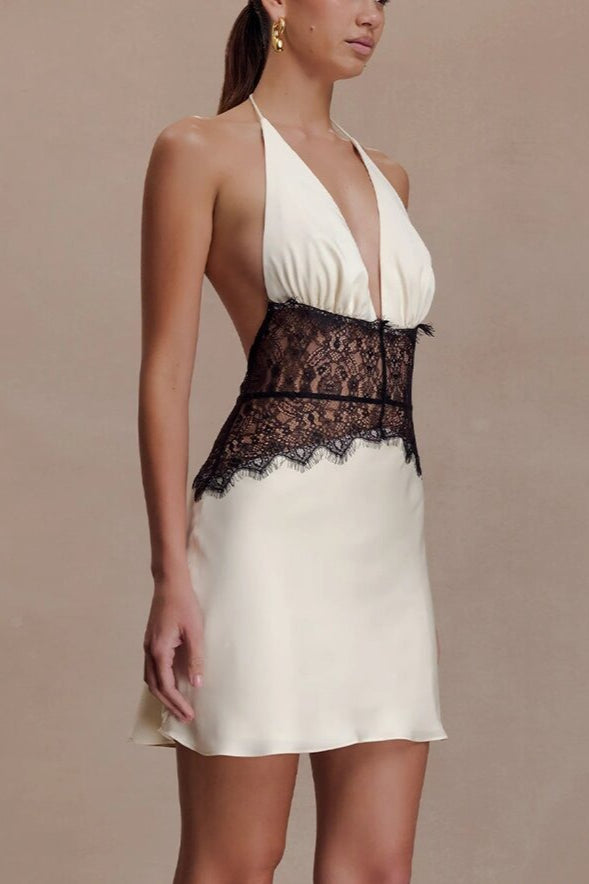 Halter Neck Deep V-Neck Lace Panel Satin Mini Dress