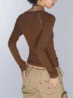 Vintage Print V Neck Breasted Long Sleeve Tee