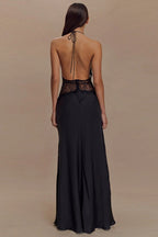 Halter Deep V-Neck Lace Panel Satin Maxi Gown