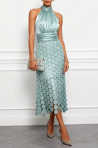 Janice Satin Ruched Halter Neck Sleeveless Embroidered Polka Dot Hem Midi Dress