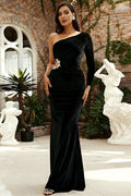Elegant Long Sleeve Asymmetrical Neck Sexy Cutout Bodycon Velvet Formal Dress