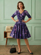 Vintage Glamour Dress Black 1950s Style Floral Print Layered Half Sleeves Sweetheart Neck Medium Rockabilly Dress