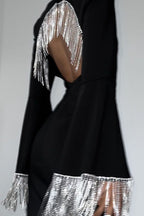 Square Neck Bell Sleeve Rhinestone Fringe Trim Bodycon Midi Cocktail Dress