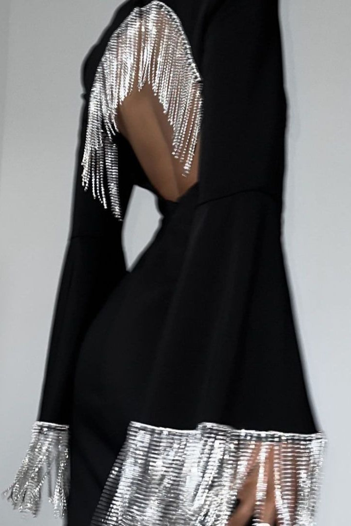 Square Neck Bell Sleeve Rhinestone Fringe Trim Bodycon Midi Cocktail Dress