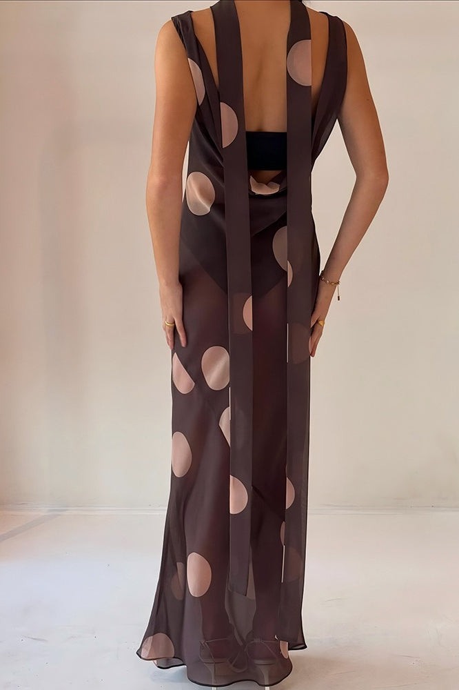 Brown Polka Dot Sleeveless Bodycon Maxi Dress