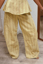 City Outfit Striped Peplum Hem Top and Elastic Waist Pocket Wide Leg Pants Set