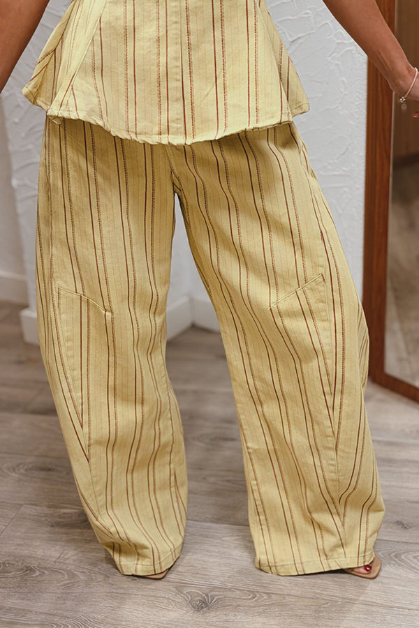 City Outfit Striped Peplum Hem Top and Elastic Waist Pocket Wide Leg Pants Set