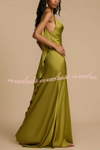 Evening Date Satin Cowl Neck Drape Ruffle Backless Bias Cut Party Maxi Dress