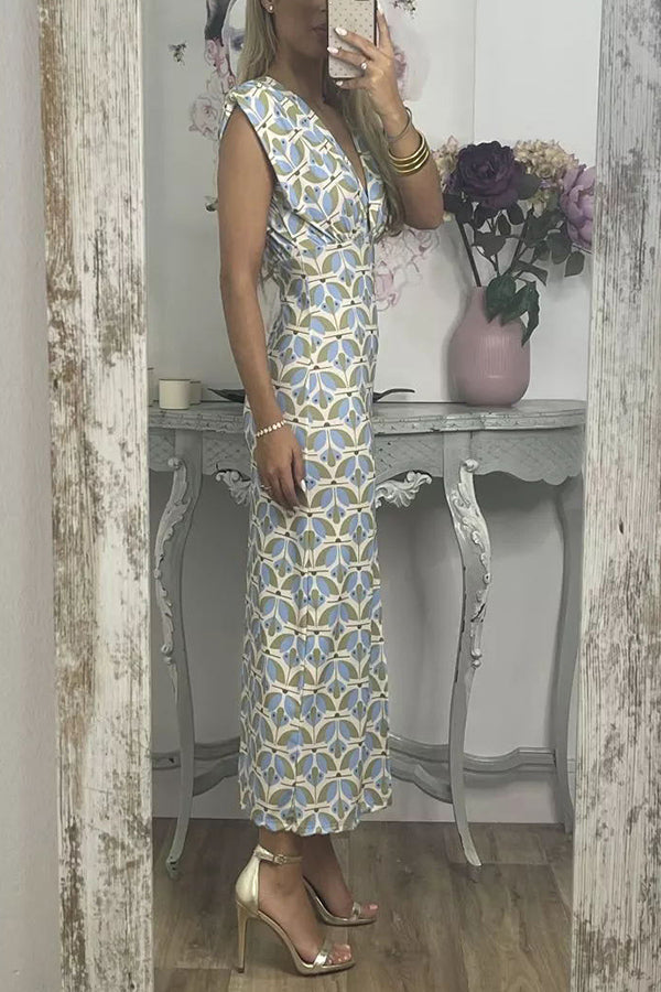 Geometric Print Padded Shoulder Center Slit Column Midi Dress