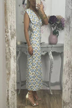 Geometric Print Padded Shoulder Center Slit Column Midi Dress