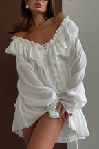Solid Color V-neck Ruffled Ruched Long-sleeved Vacation Mini Dress