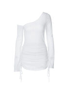 See Through One Shoulder Ruched Drawstring Mini Dress