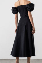 Off Shoulder Puff Sleeve Corset Tie Front High Split Maxi Dress