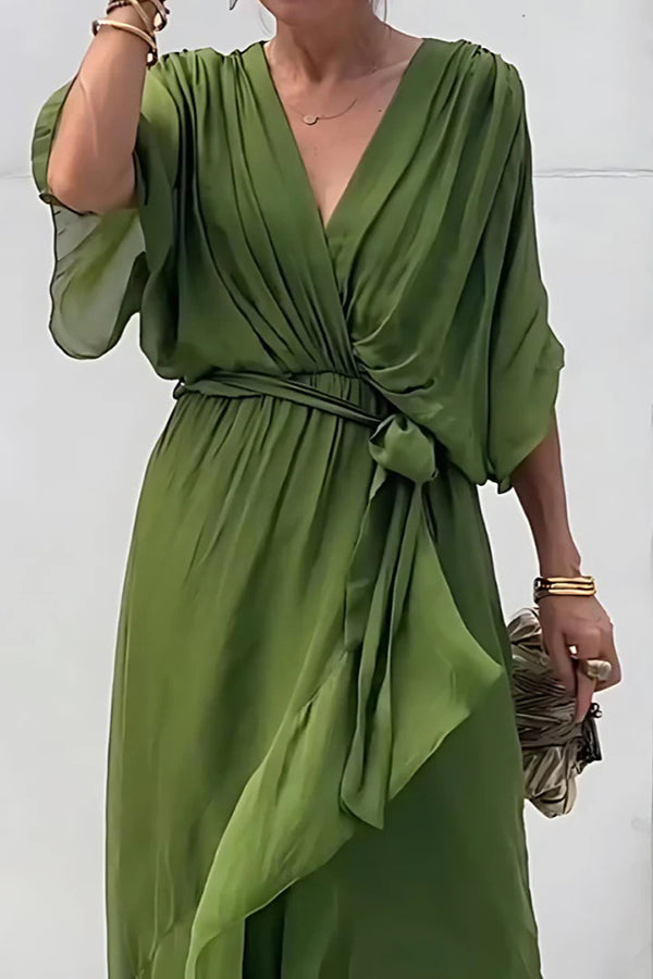 Deep V-Neck Flutter Sleeve Tie Waist Handkerchief Hem Midi Dress