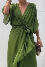 Deep V-Neck Flutter Sleeve Tie Waist Handkerchief Hem Midi Dress