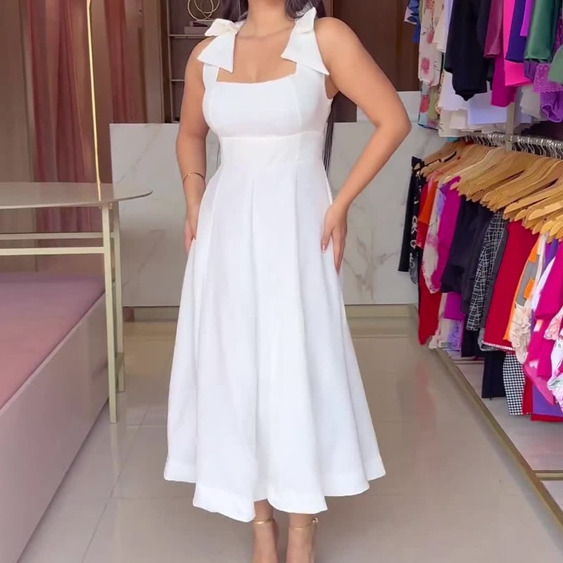 Bow Shoulder Square Neck High Waist Pleated A-Line Midi Dress