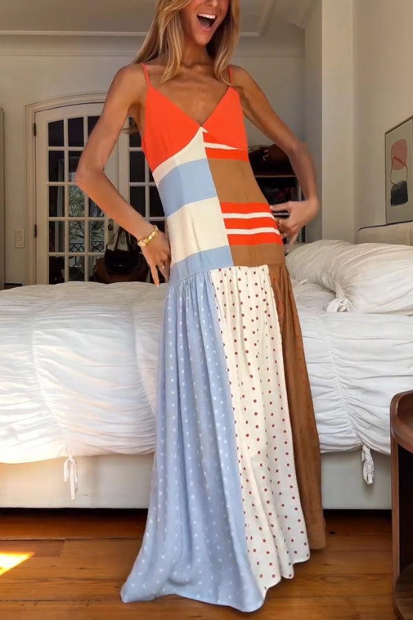 Vibrant Touch Color-blocked Polka Dot Print Slip Pleated Hem Maxi Dress