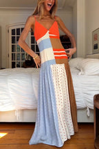 Vibrant Touch Color-blocked Polka Dot Print Slip Pleated Hem Maxi Dress