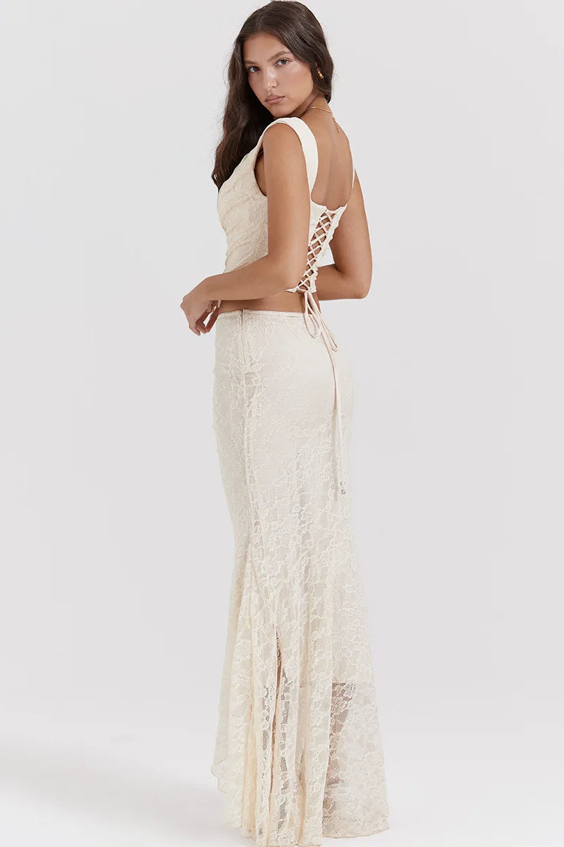 White Lace-up Crop Top And Maxi Skirt Dress