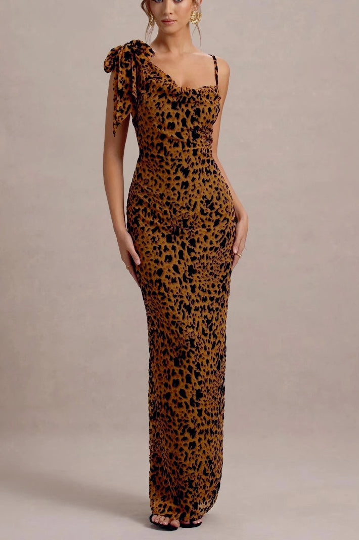 Print One Shoulder Bow Strap Bodycon Maxi Dress