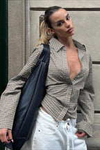 Retro Checkered Belted Blouse