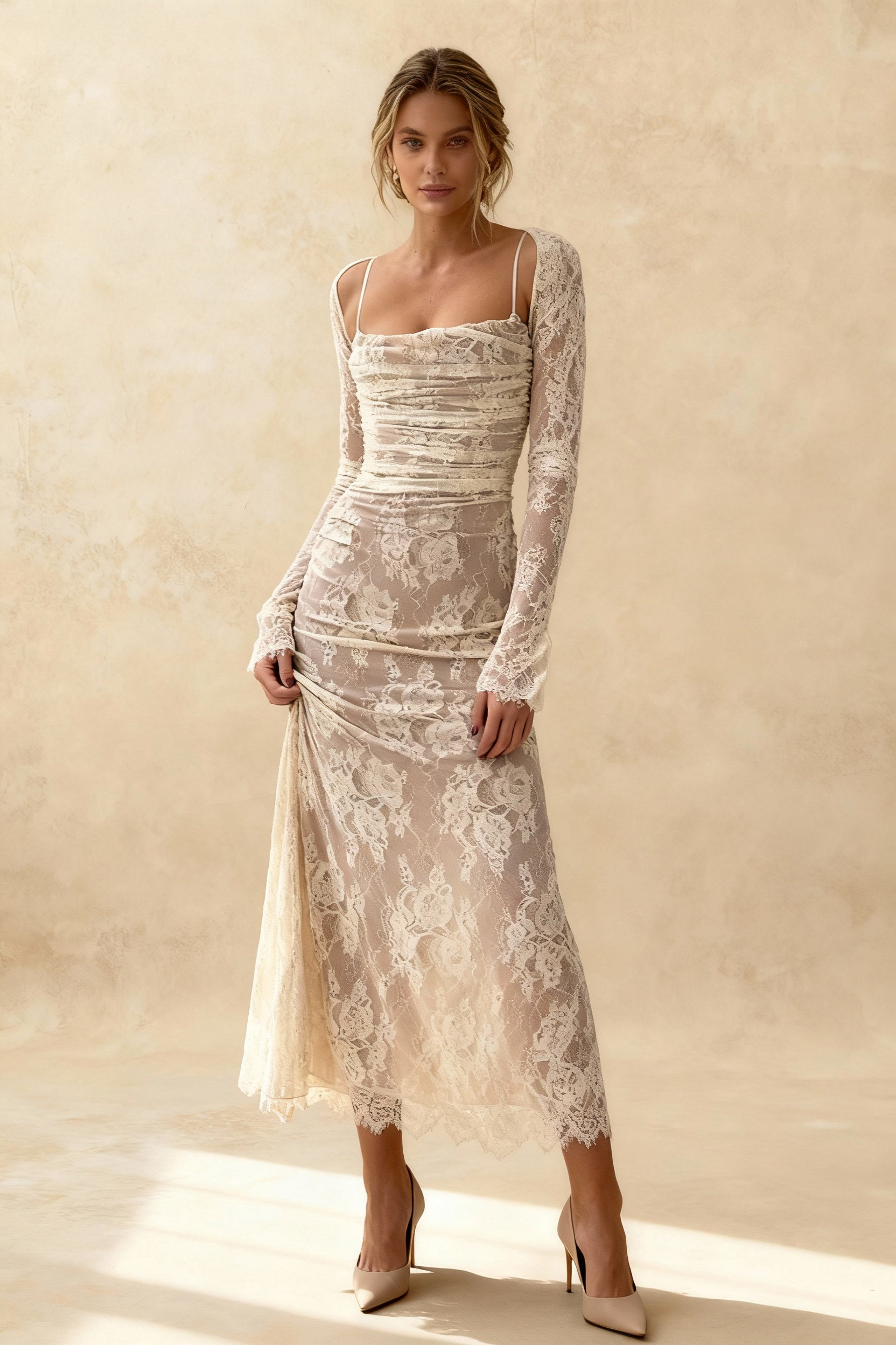 Floral Lace Square Neck Spaghetti Strap Ruched Long Sleeve Bolero Maxi Dress